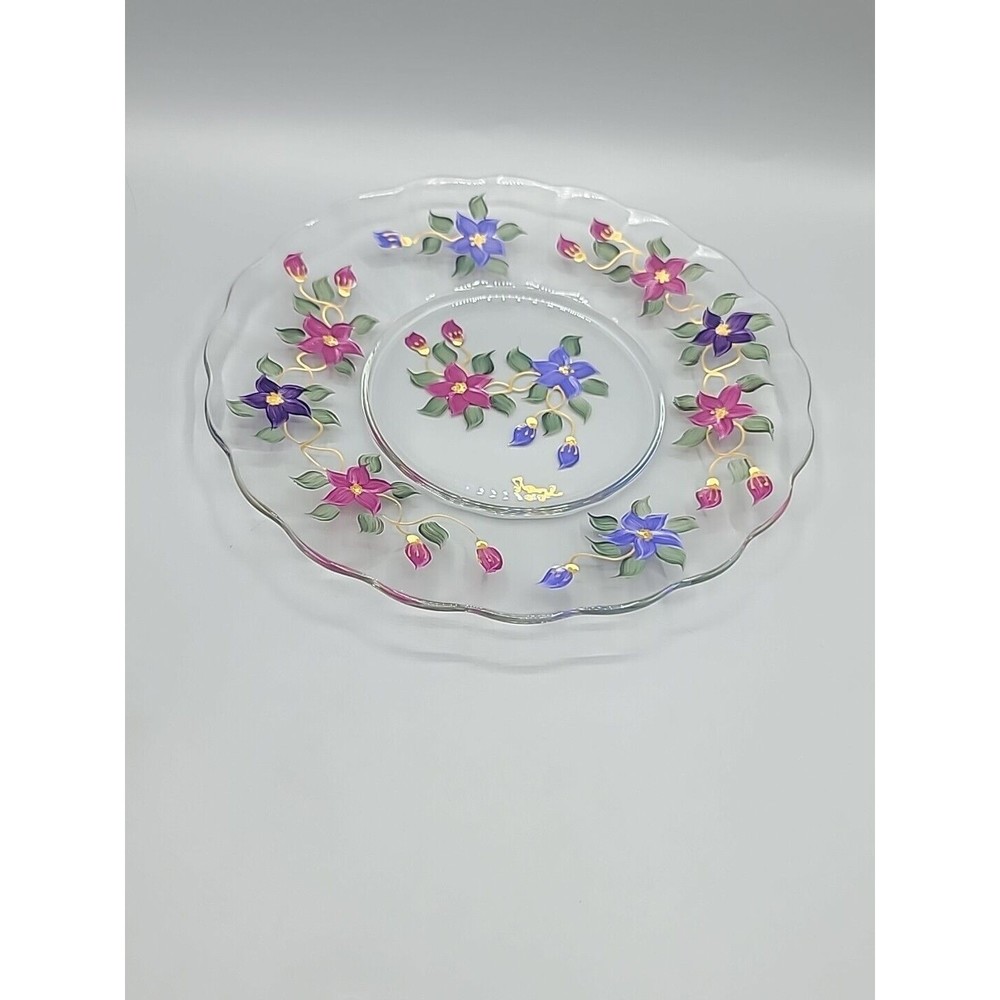 Art Glass Serving Dish Plate Signed Reverse Hand Painted Flowers Floral 9" - Picture 10 of 11